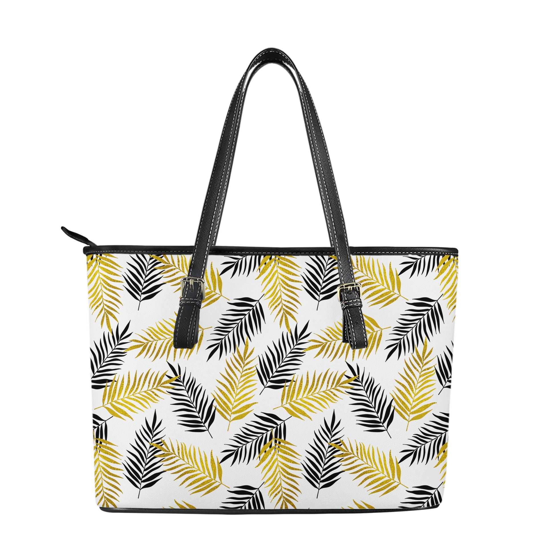 Black and Gold Palm Branches Leather Tote Bags - Luxtrini, LLC