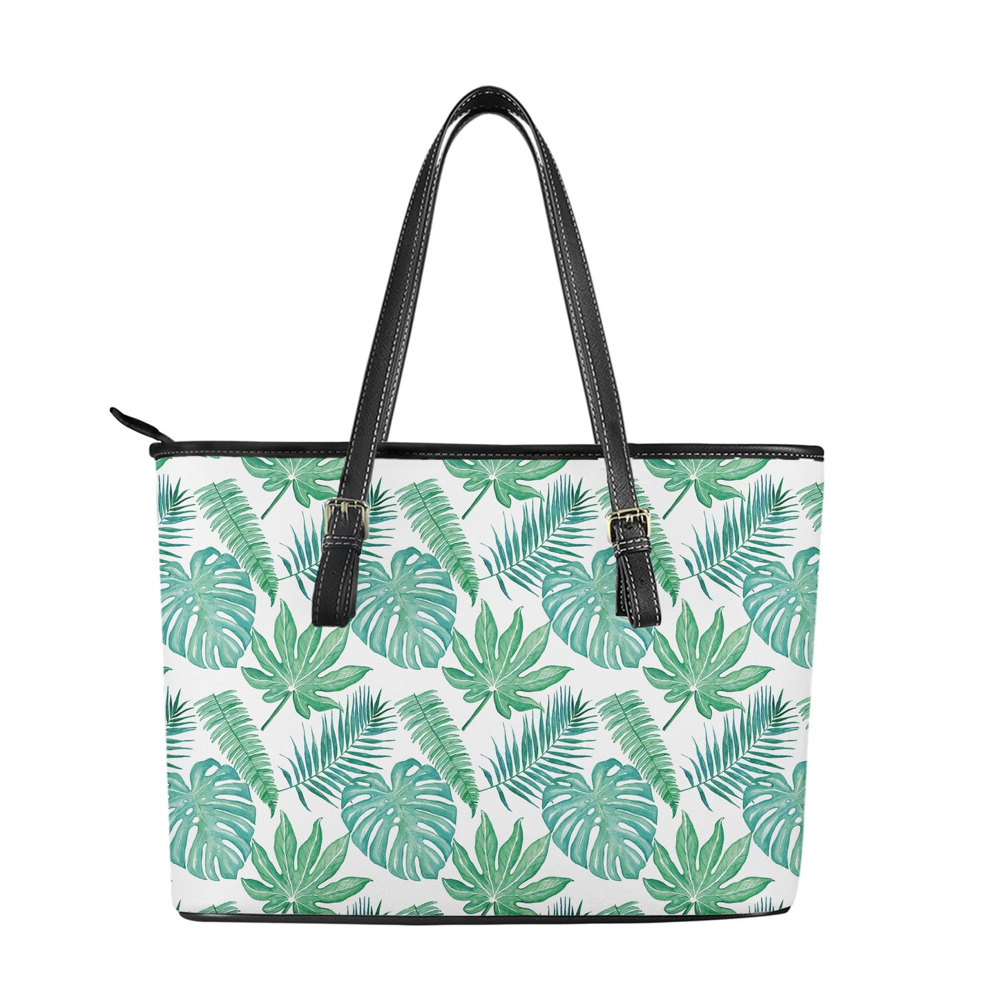 Palm and Monstera Leaf Green Pattern Leather Tote Bags - Luxtrini, LLC