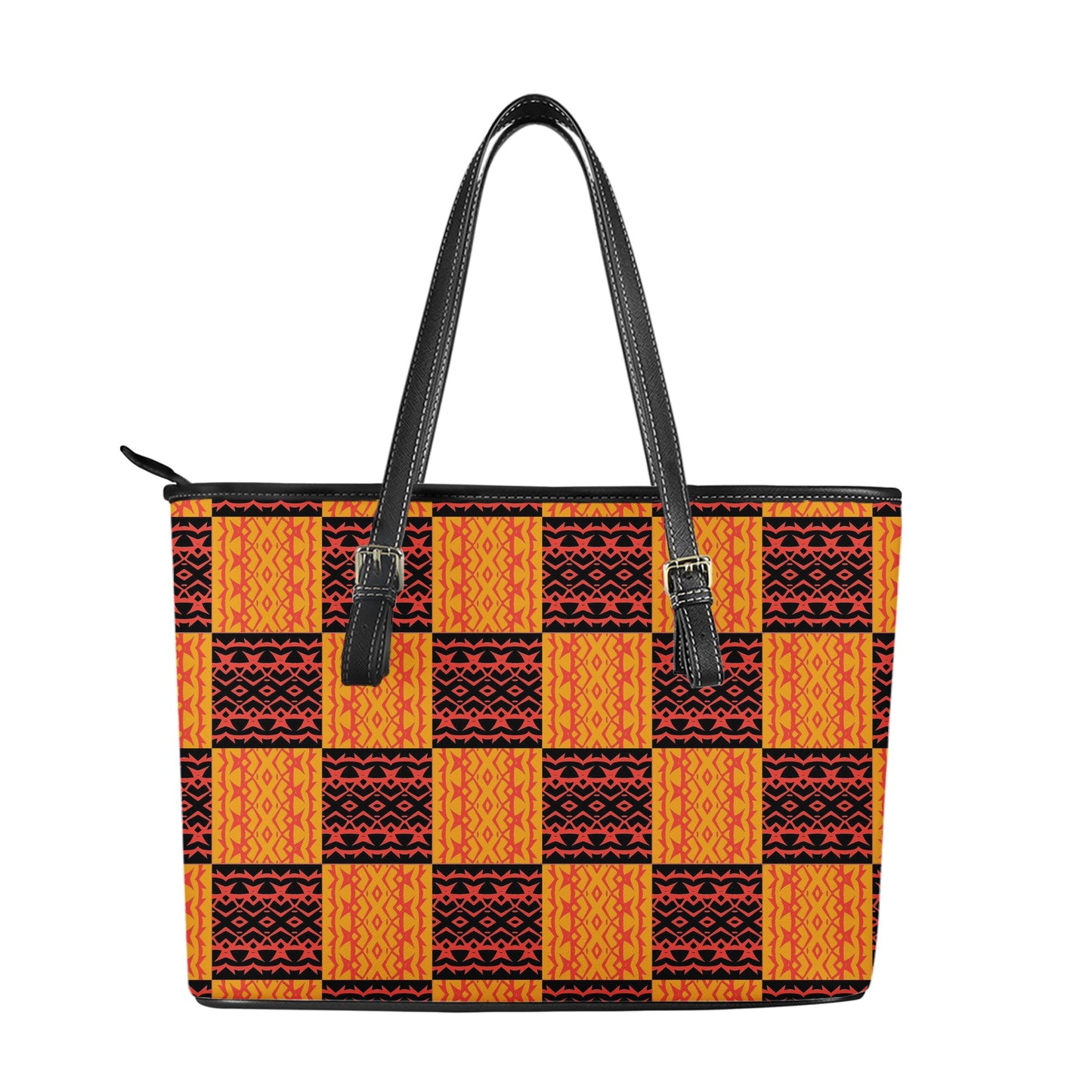 Leather Tote Bags - Black and Orange Tribal Design - Luxtrini, LLC