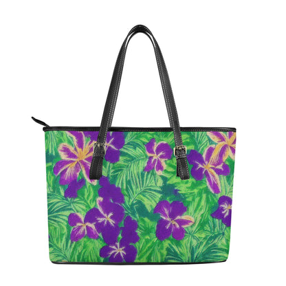 Blue Flag Iris on Green Leather Tote Bags - Luxtrini, LLC