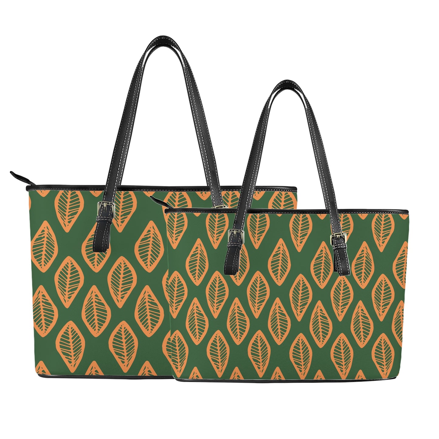 African Mud Cloth #16 Green and Orange Leather Tote Bags - Luxtrini, LLC