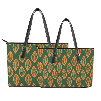 African Mud Cloth #16 Green and Orange Leather Tote Bags - Luxtrini, LLC