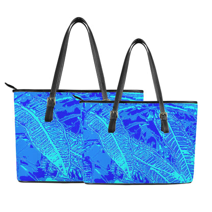 Vibrant Blue Croton Pattern Leather Tote Bags - Luxtrini, LLC