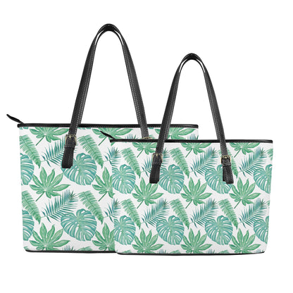 Palm and Monstera Leaf Green Pattern Leather Tote Bags - Luxtrini, LLC