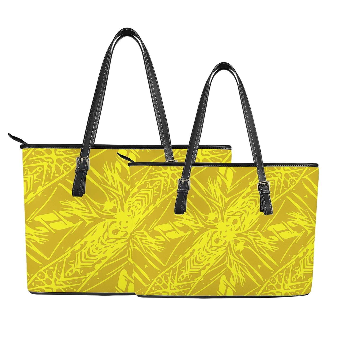 Yellow Fern Vector Abstract Leather Tote Bags - Luxtrini, LLC