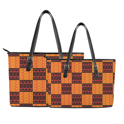 Leather Tote Bags - Black and Orange Tribal Design - Luxtrini, LLC