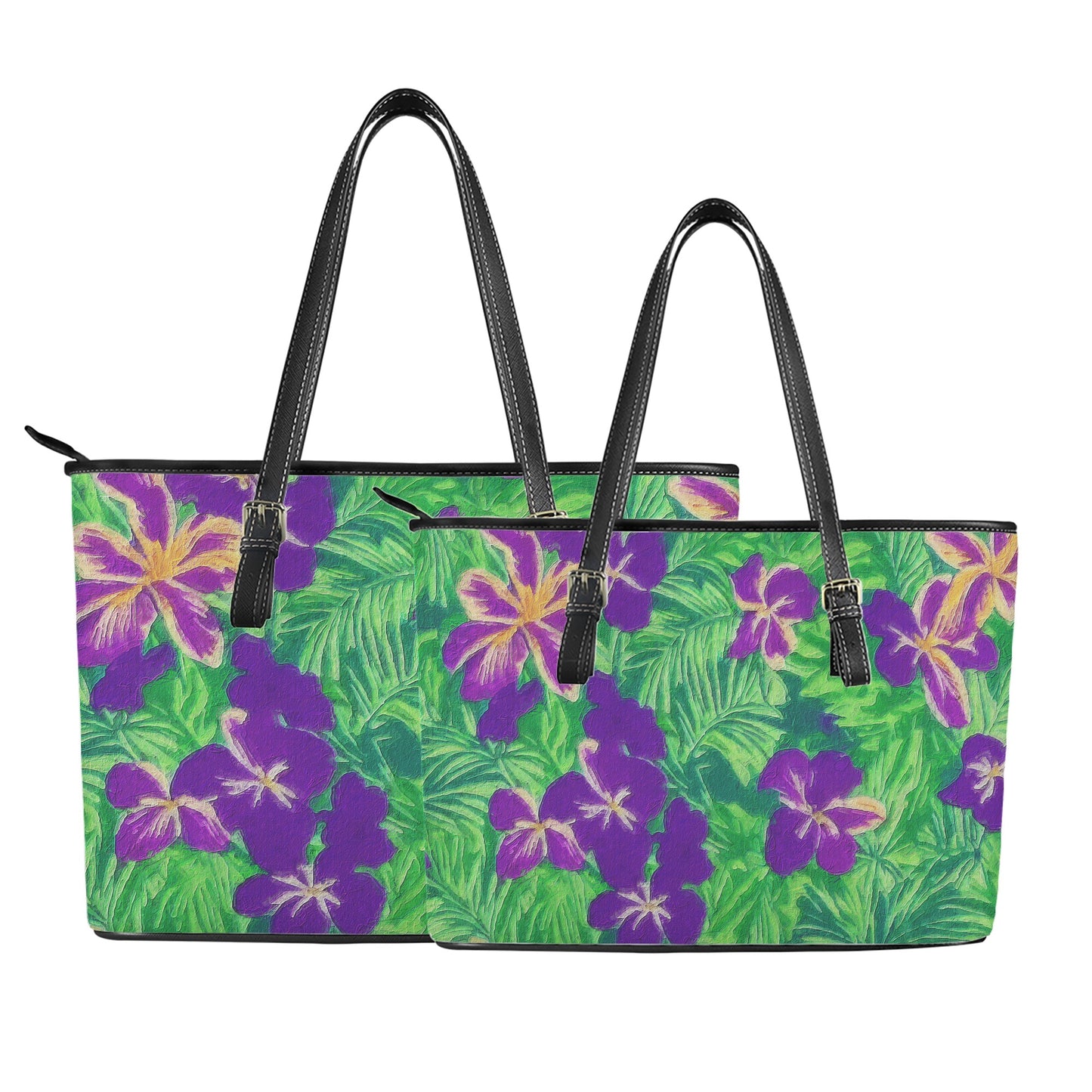 Blue Flag Iris on Green Leather Tote Bags - Luxtrini, LLC