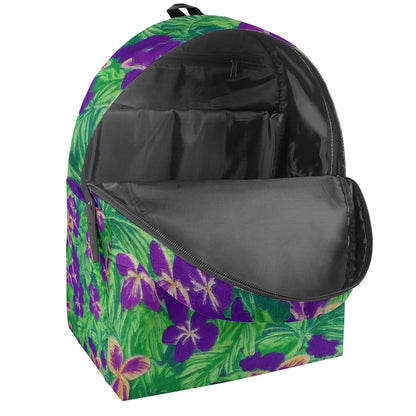 Blue Flag Iris on Green All Over Print Cotton Backpack - Luxtrini, LLC