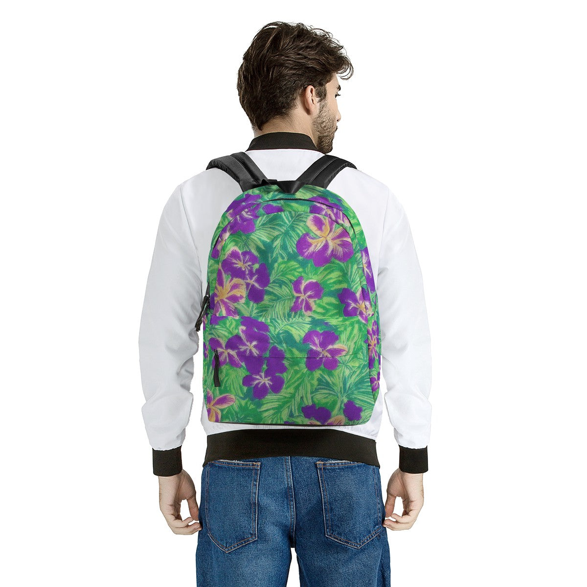 Blue Flag Iris on Green All Over Print Cotton Backpack - Luxtrini, LLC