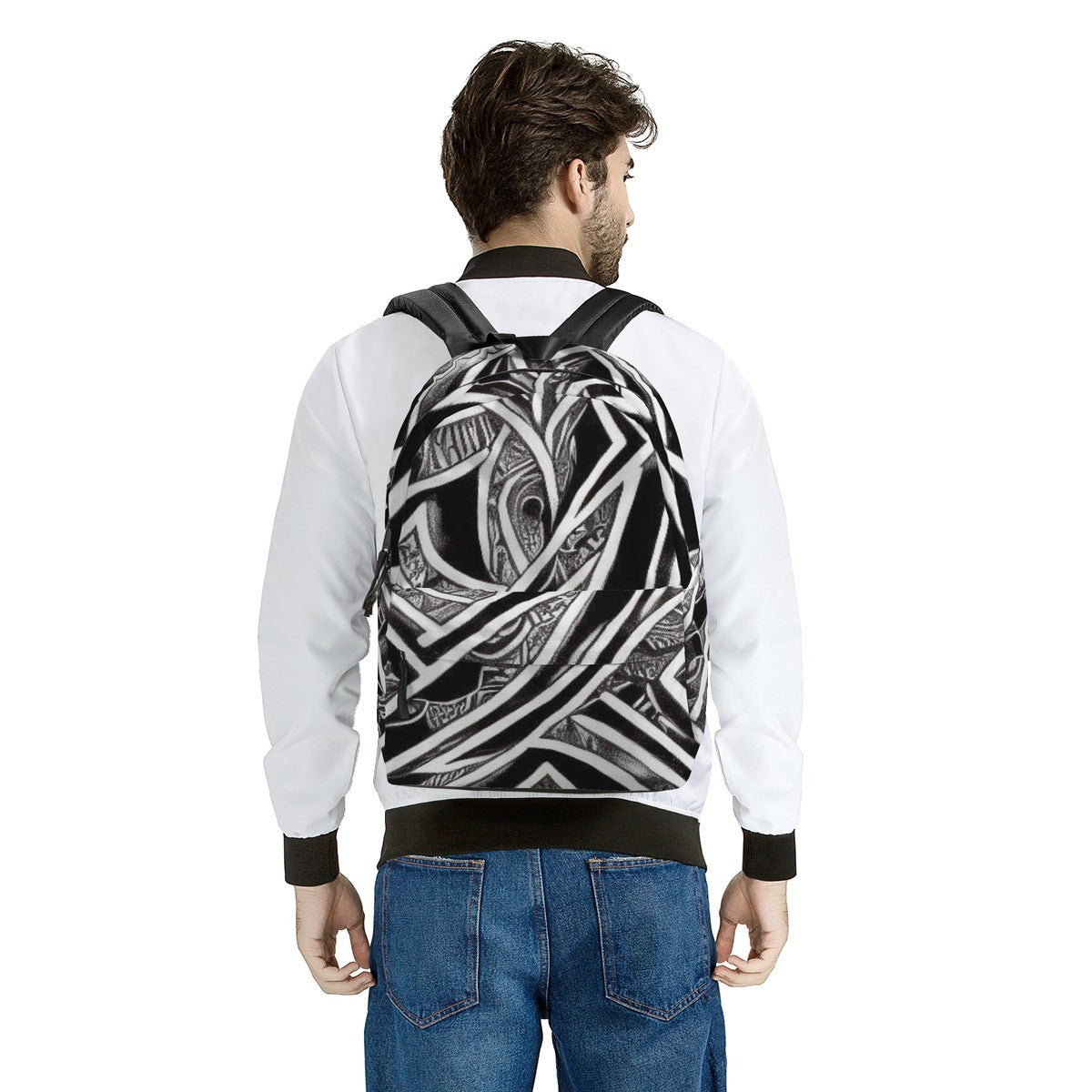 Black and White Polynesian All Over Print Cotton Backpack