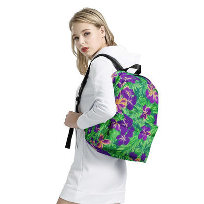 Blue Flag Iris on Green All Over Print Cotton Backpack - Luxtrini, LLC