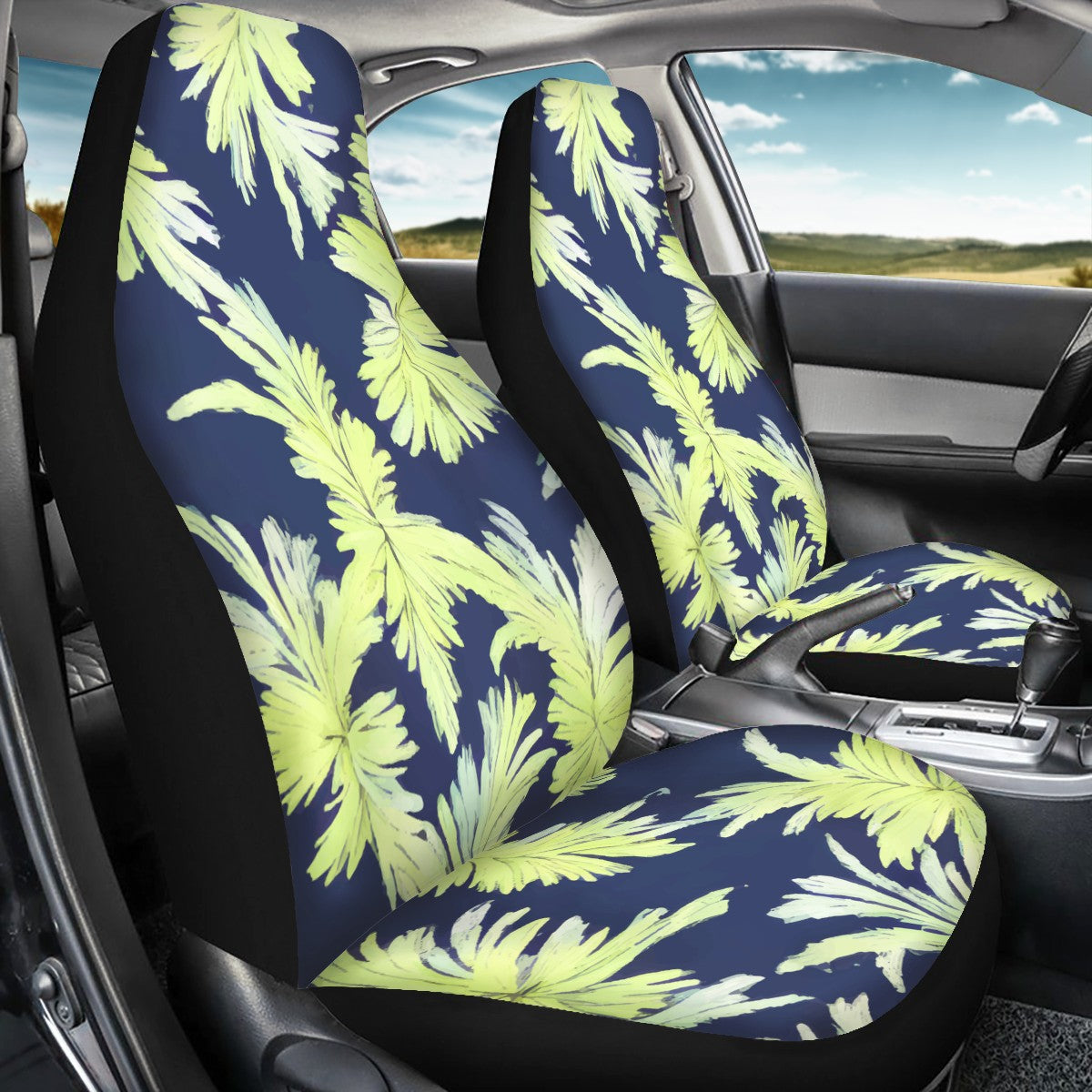 Palm Fronds - Lime Green and Black Car Seat Covers - Thin version