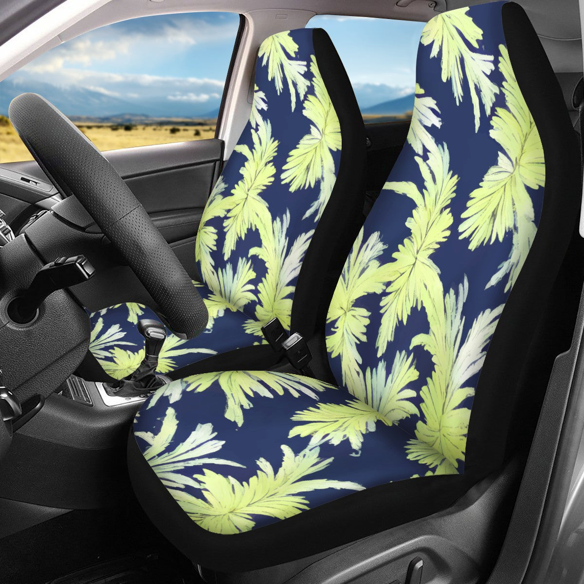 Palm Fronds - Lime Green and Black Car Seat Covers - Thin version