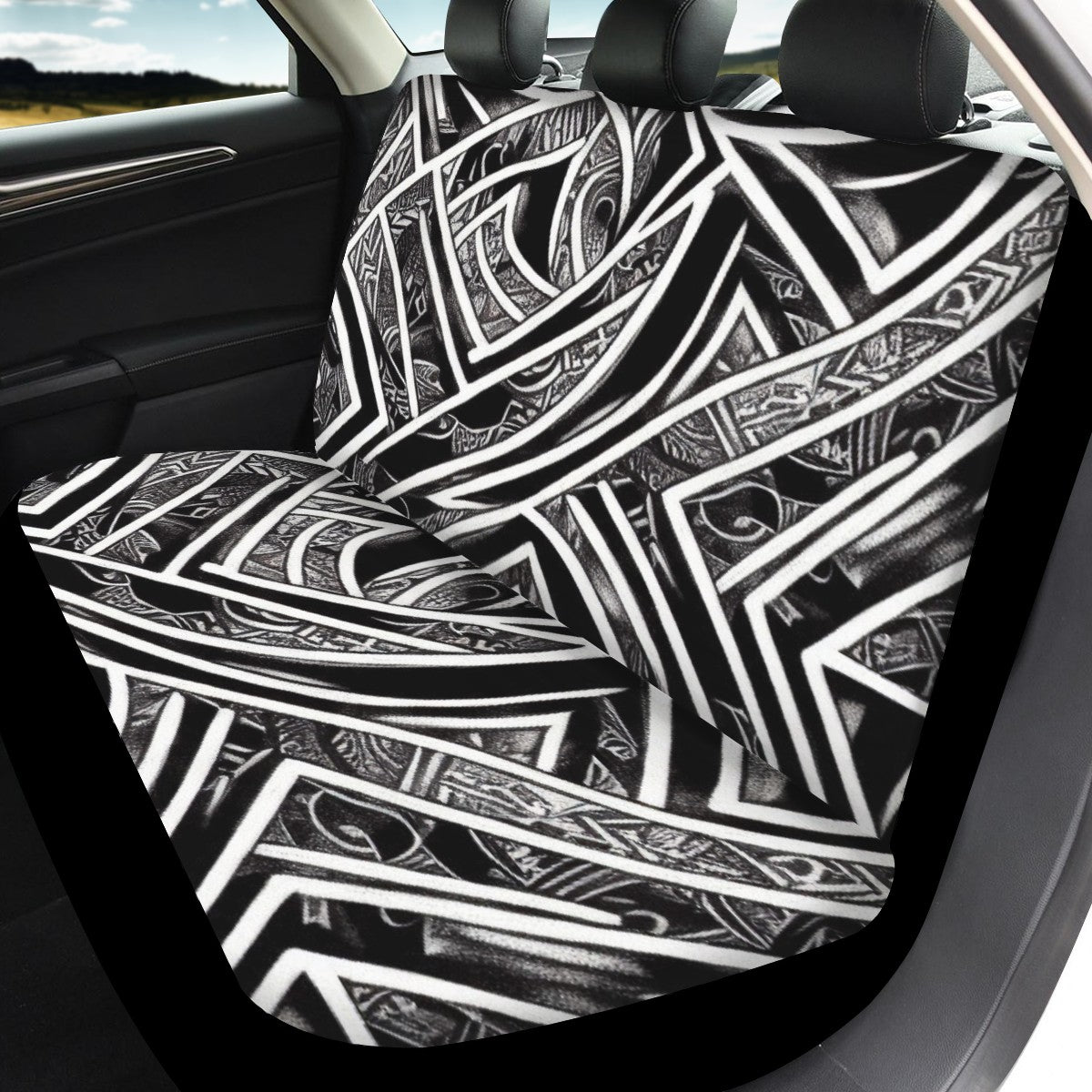 Black and White Polynesian Car Seat Cover Set