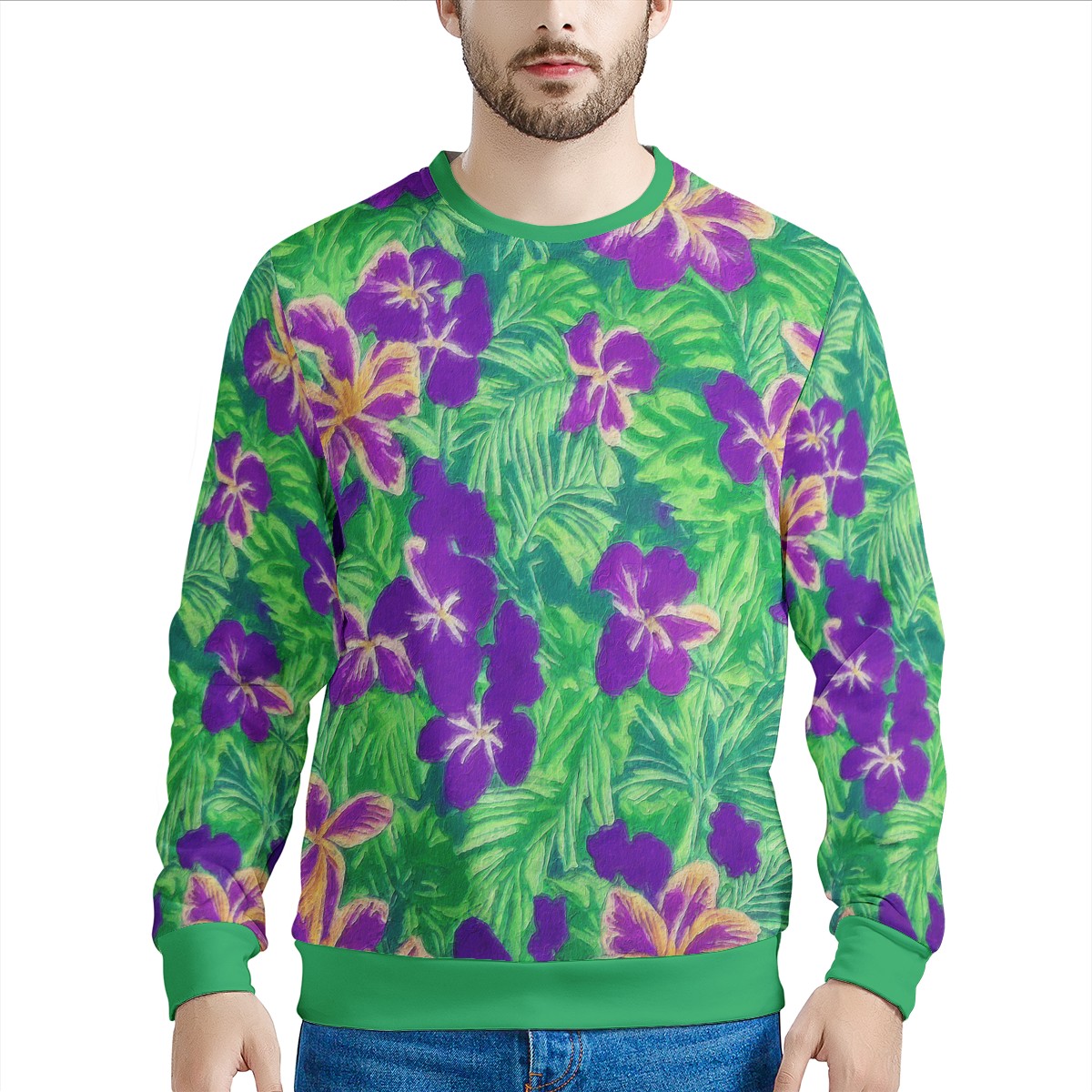 Blue Flag Iris on Green Men's All Over Print Sweater - Luxtrini, LLC