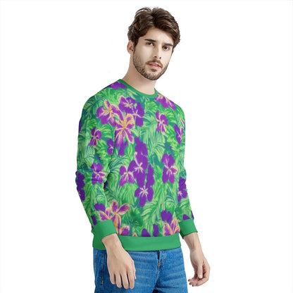 Blue Flag Iris on Green Men's All Over Print Sweater - Luxtrini, LLC