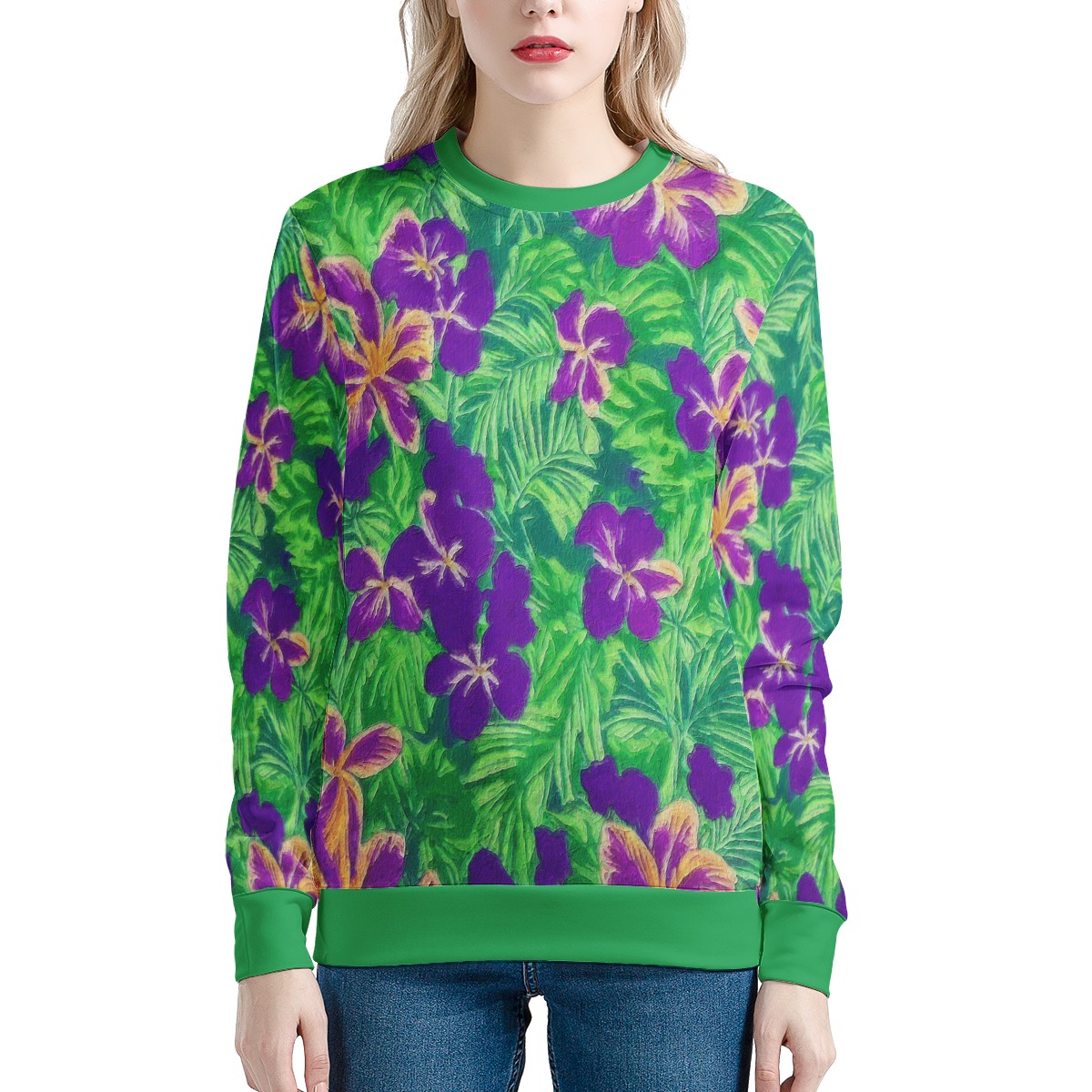 Blue Flag Iris on Green Women's All Over Print Sweater - Luxtrini, LLC