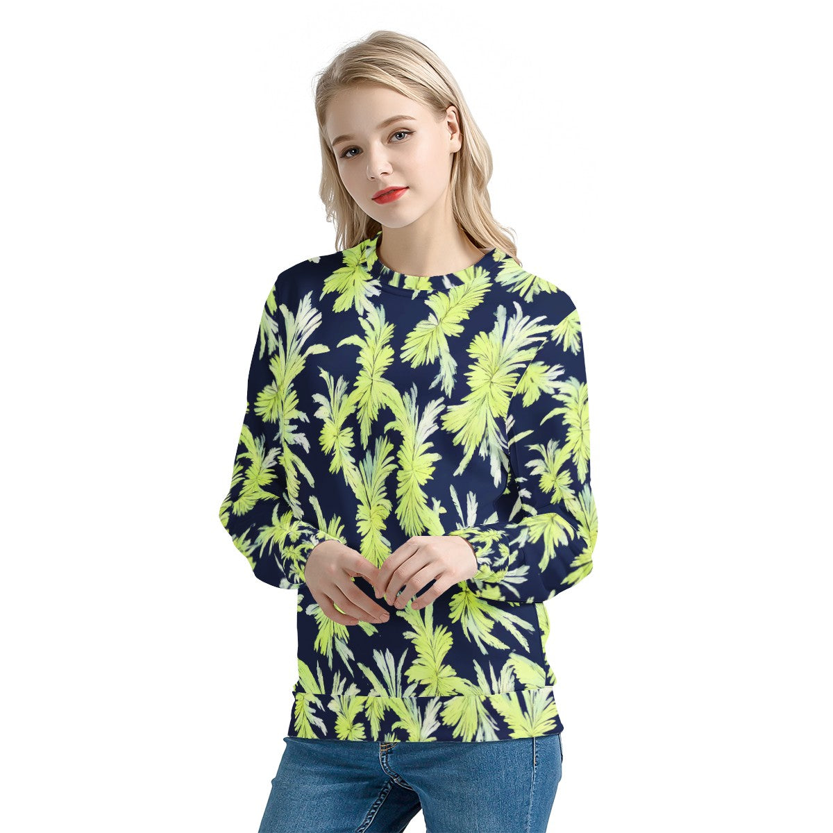 Puakenikeni - Lime Green and Black Women's All Over Print Sweater - Luxtrini, LLC