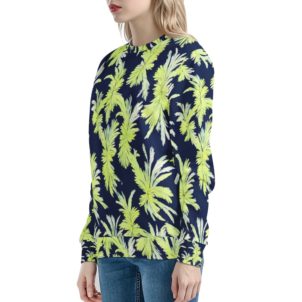 Puakenikeni - Lime Green and Black Women's All Over Print Sweater - Luxtrini, LLC