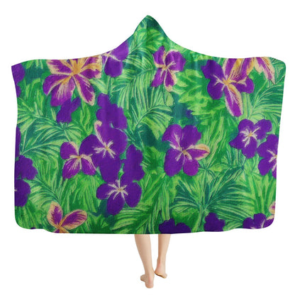 Blue Flag Iris on Green Hooded Blanket - Luxtrini, LLC