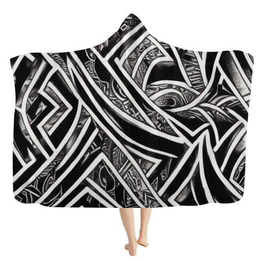 Black and White Polynesian Hooded Blanket