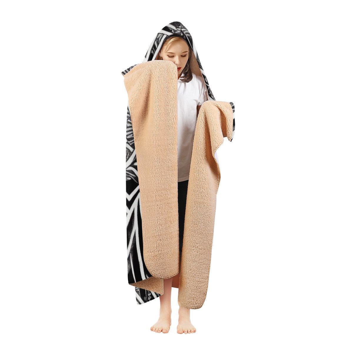 Black and White Polynesian Hooded Blanket