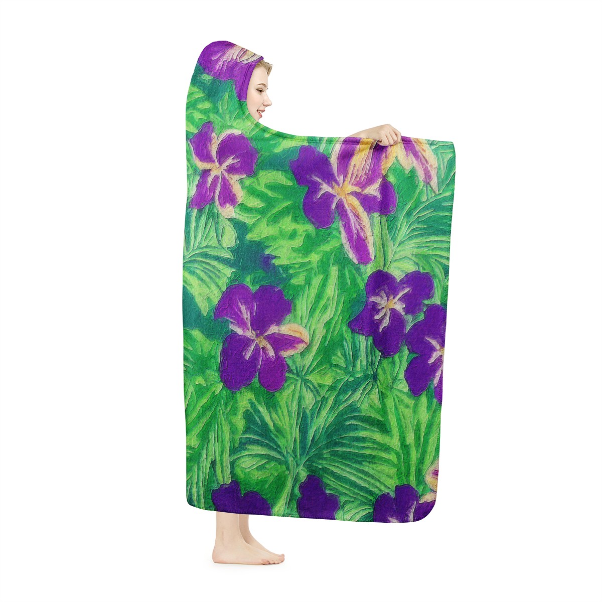 Blue Flag Iris on Green Hooded Blanket - Luxtrini, LLC