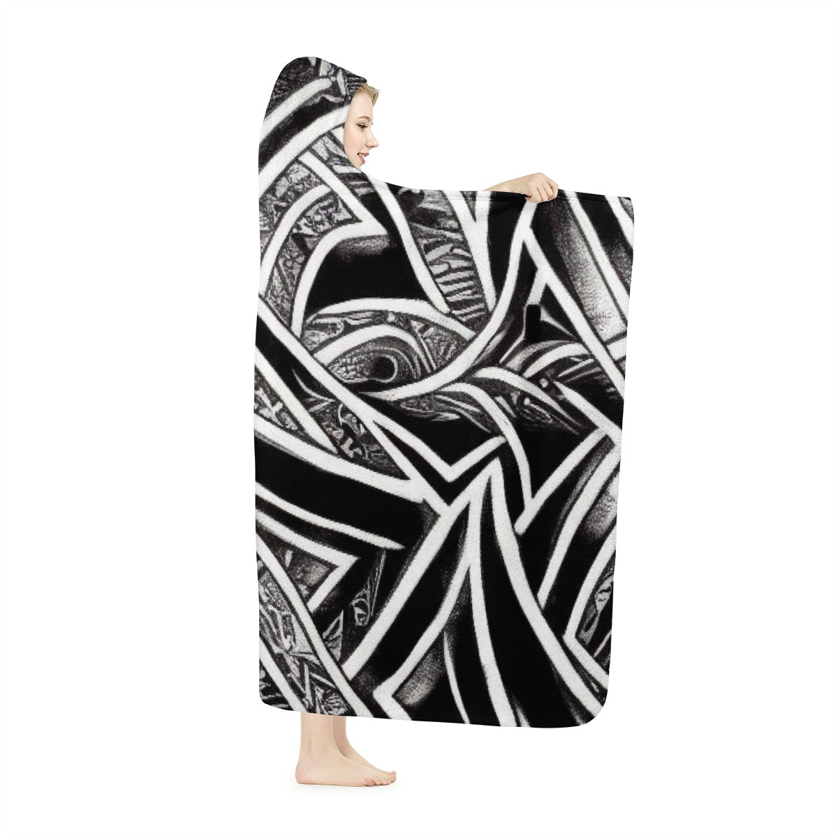 Black and White Polynesian Hooded Blanket