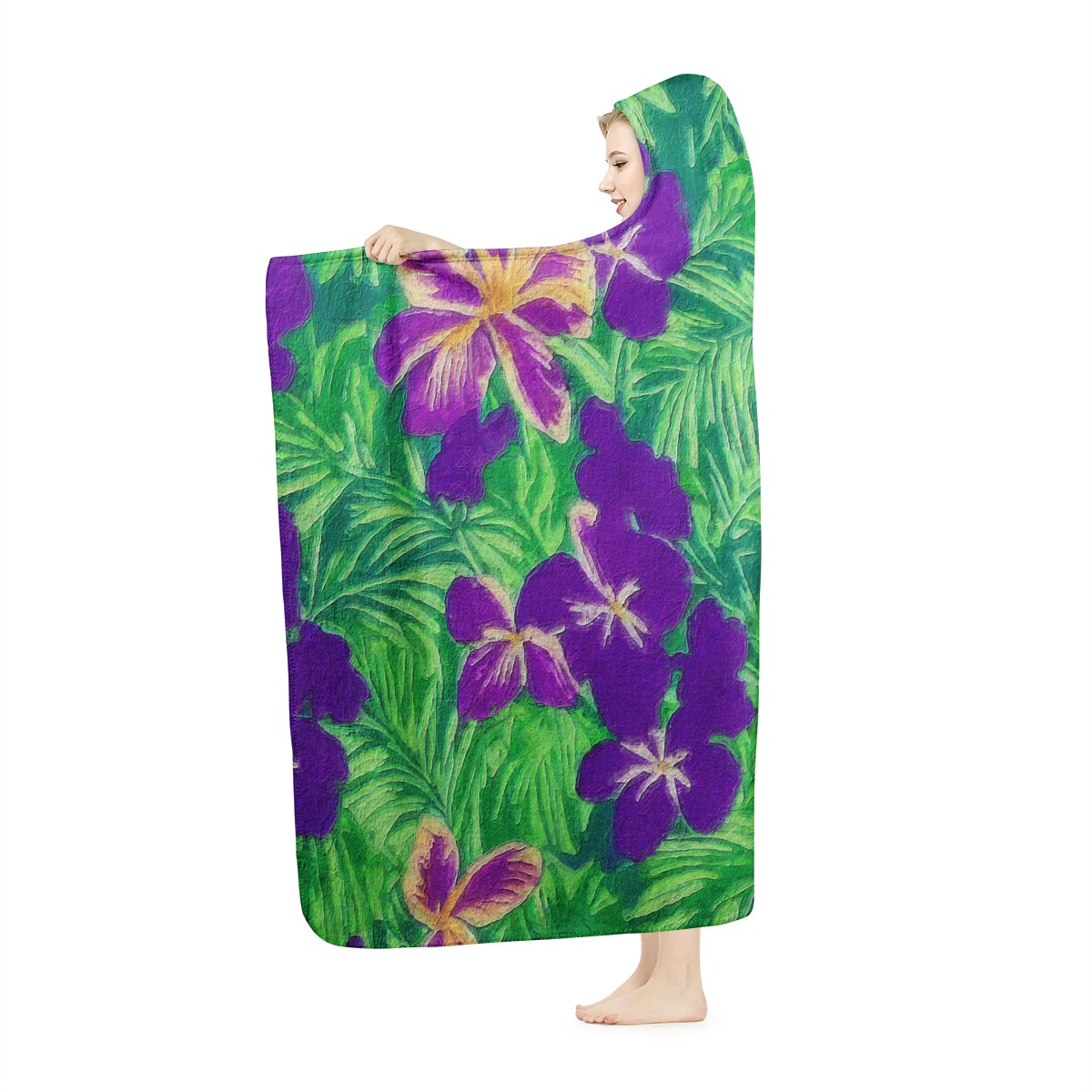 Blue Flag Iris on Green Hooded Blanket - Luxtrini, LLC