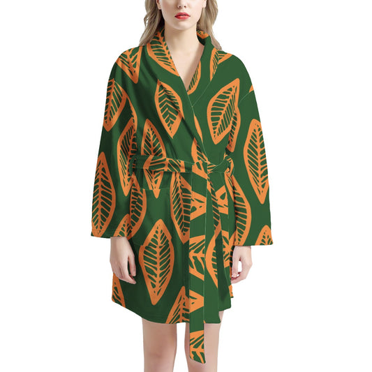 African | Ethnic | Mudcloth | #16 Green and Orange Women's Bathrobe