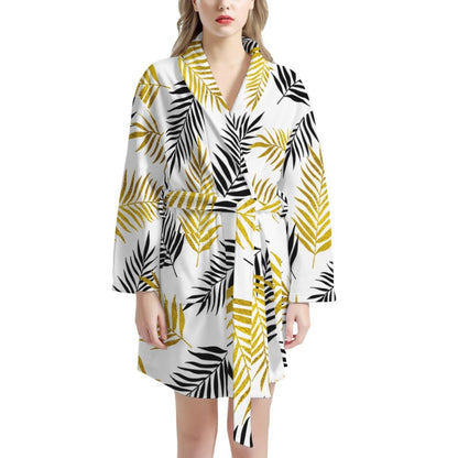 Black and Gold Palm Branches Women's Bathrobe