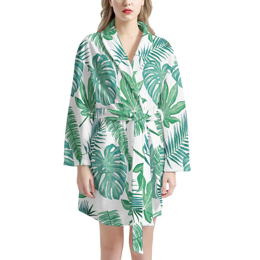 Palm and Monstera Leaf Green Women's Bathrobe