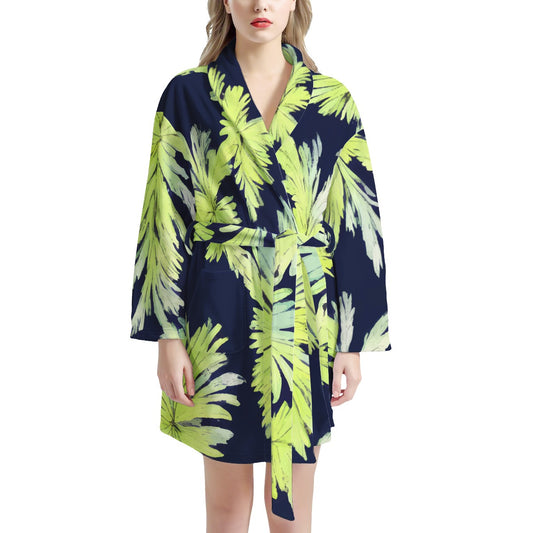 Puakenikeni - Lime Green and Black Women's Bathrobe - Luxtrini, LLC