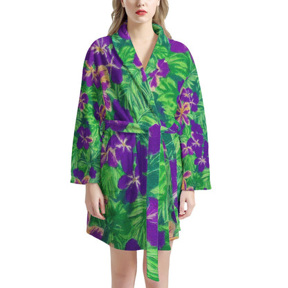 Blue Flag Iris on Green Women's Bathrobe - Luxtrini, LLC