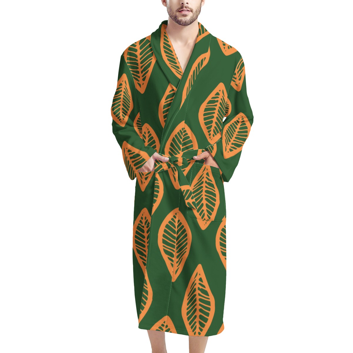 African | Ethnic | Mudcloth | #16 Green and Orange Men's Bathrobe