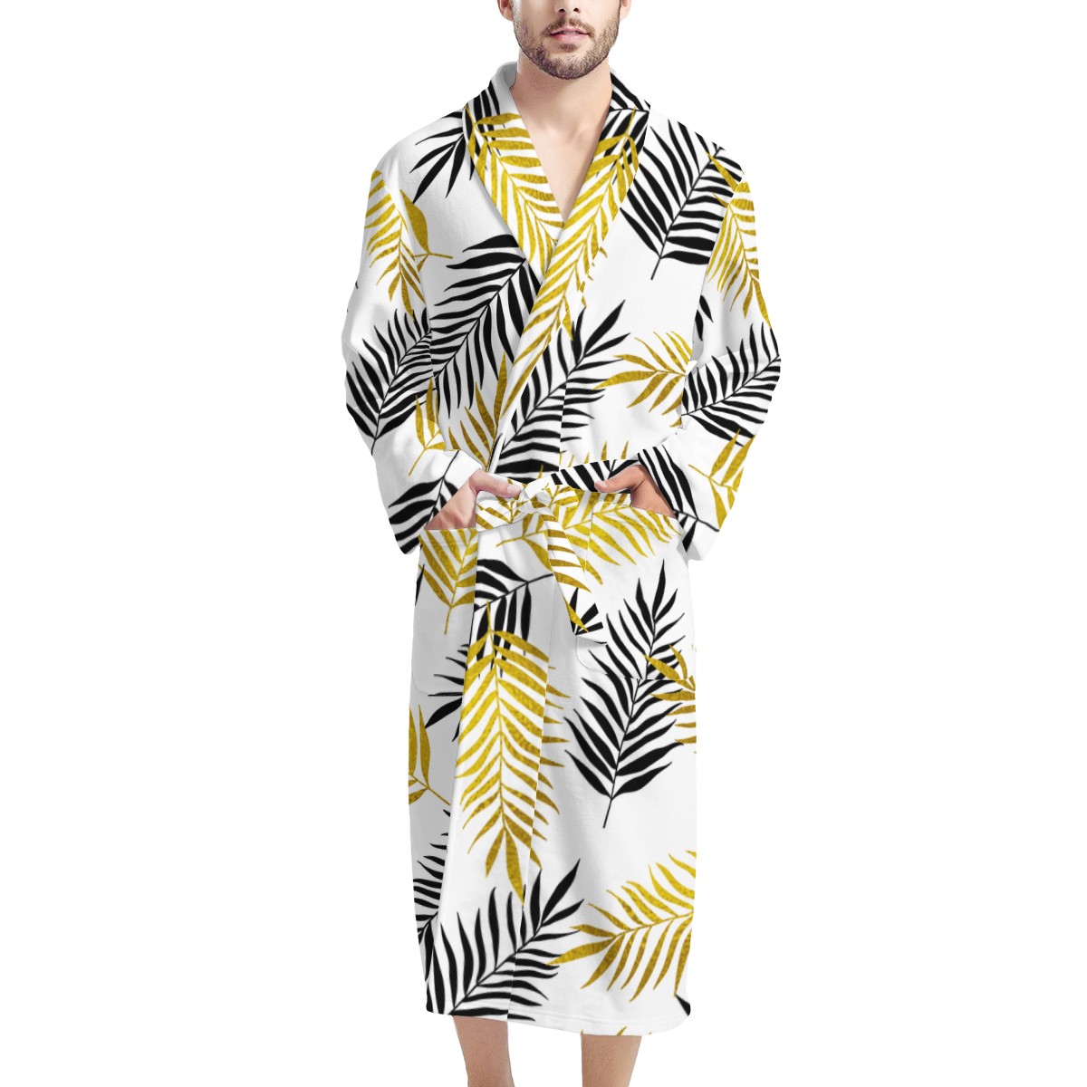 Black and Gold Palm Branches Men's Bathrobe