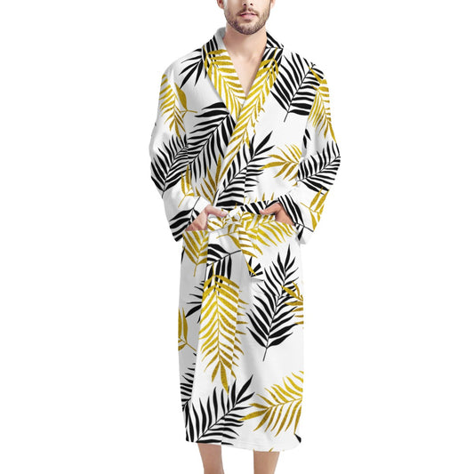 Black and Gold Palm Branches Men's Bathrobe