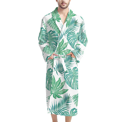 Palm and Monstera Leaf Green Men's Bathrobe