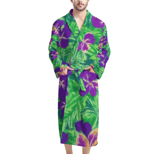 Blue Flag Iris on Green Men's Bathrobe - Luxtrini, LLC