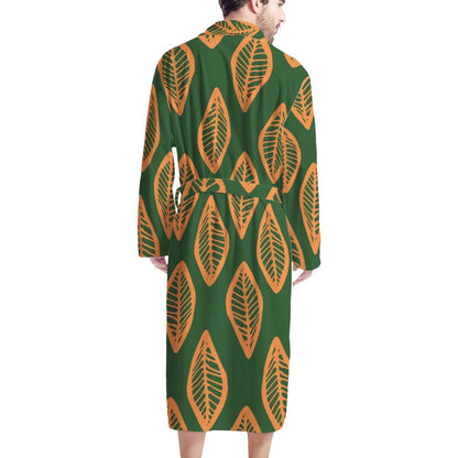 African | Ethnic | Mudcloth | #16 Green and Orange Men's Bathrobe