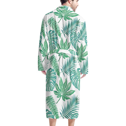 Palm and Monstera Leaf Green Men's Bathrobe