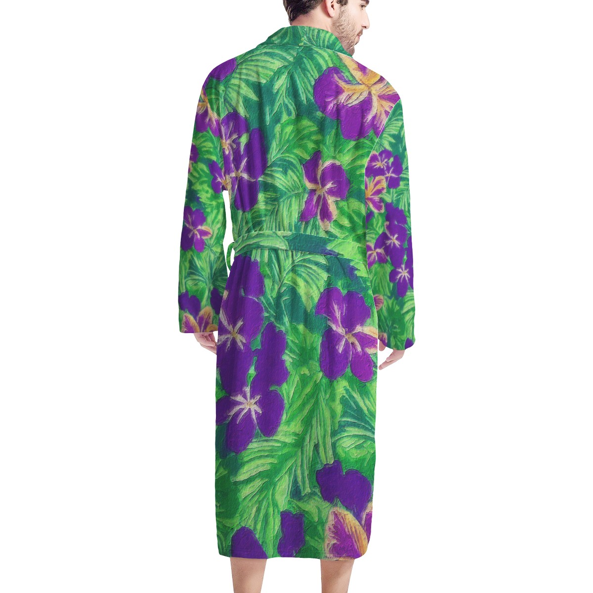 Blue Flag Iris on Green Men's Bathrobe - Luxtrini, LLC