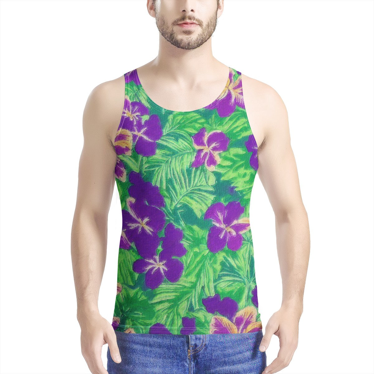 Blue Flag Iris on Green Men's All Over Print Tank - Luxtrini, LLC