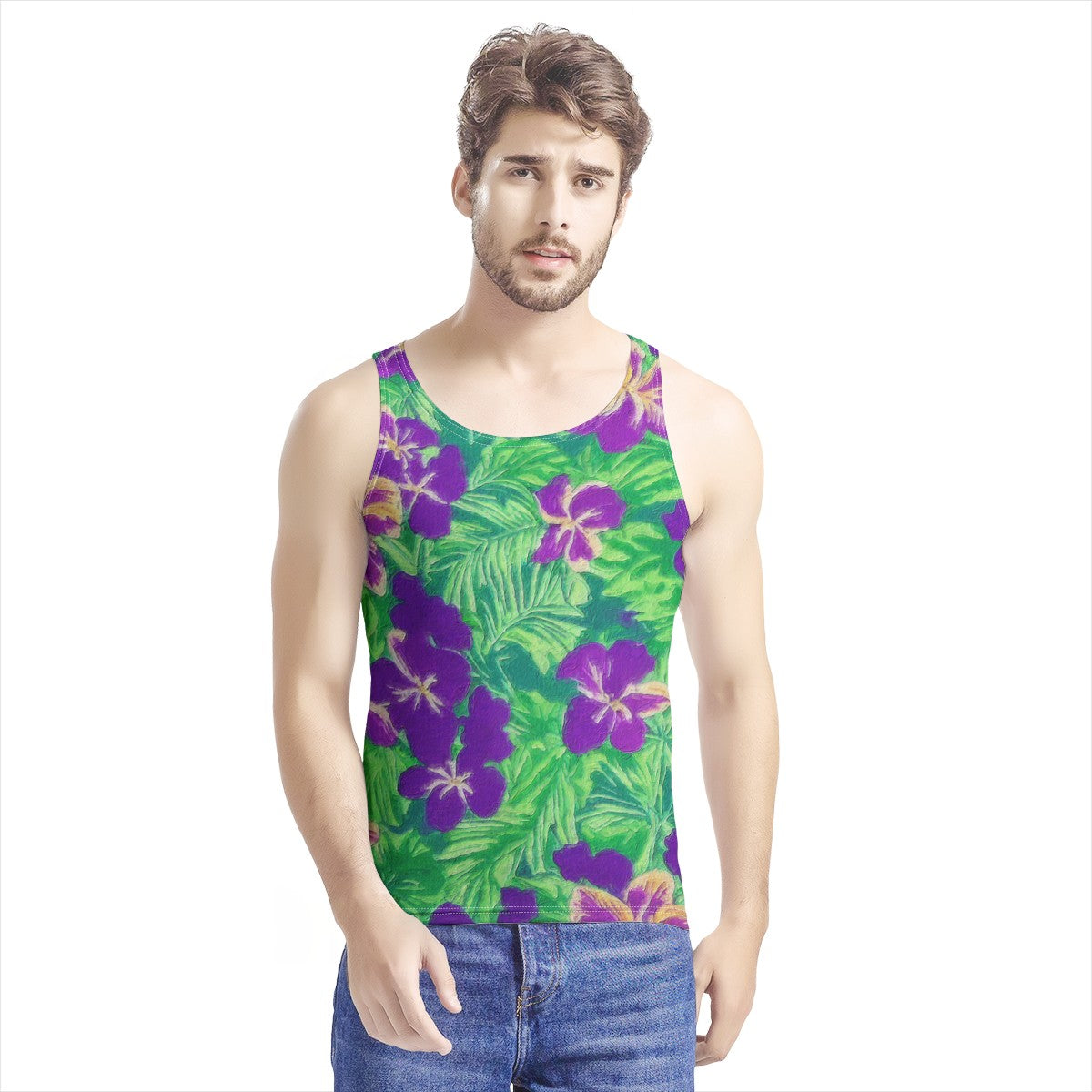 Blue Flag Iris on Green Men's All Over Print Tank - Luxtrini, LLC