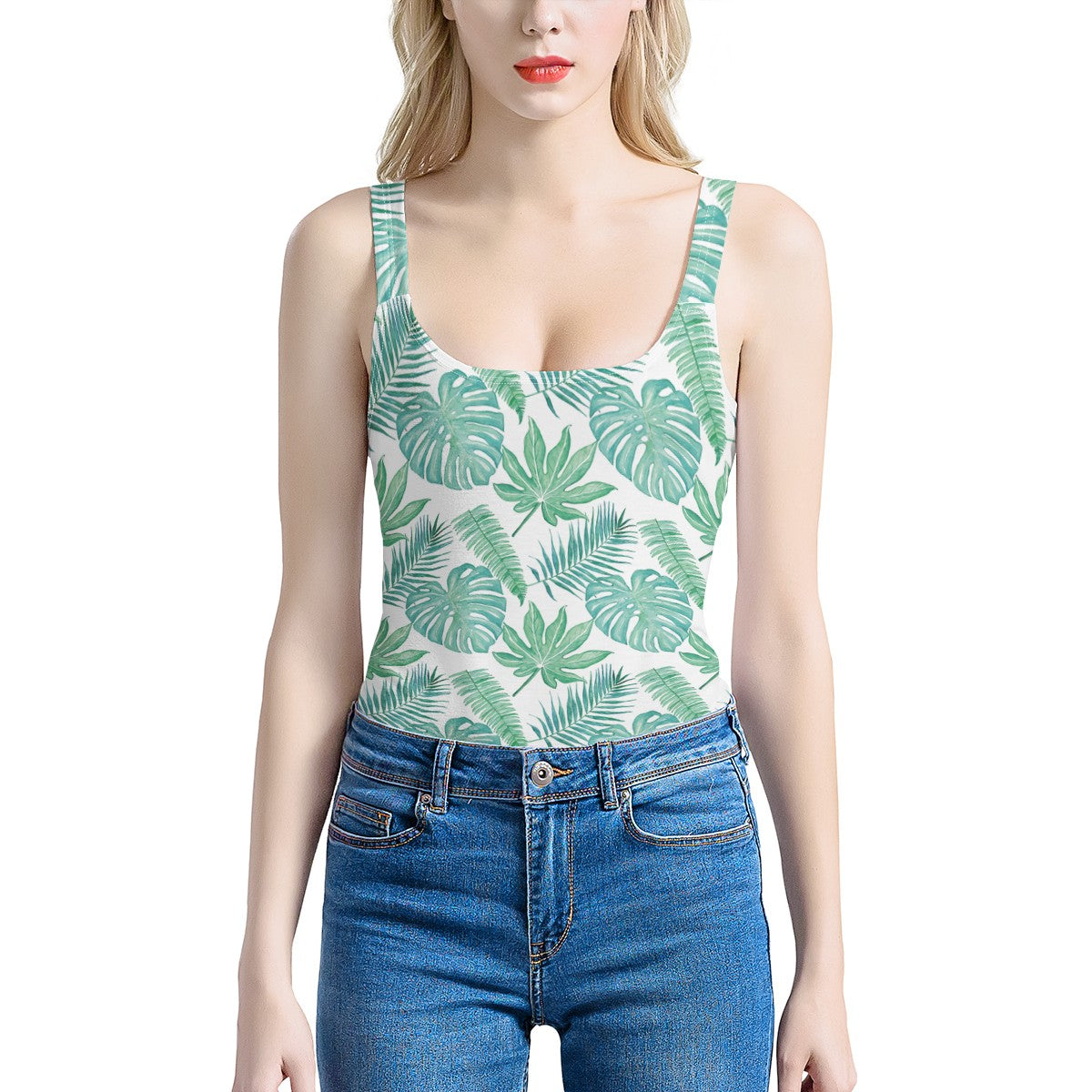 Palm and Monstera Leaf Green Pattern Women's One-Piece Halterneck Swimsuit