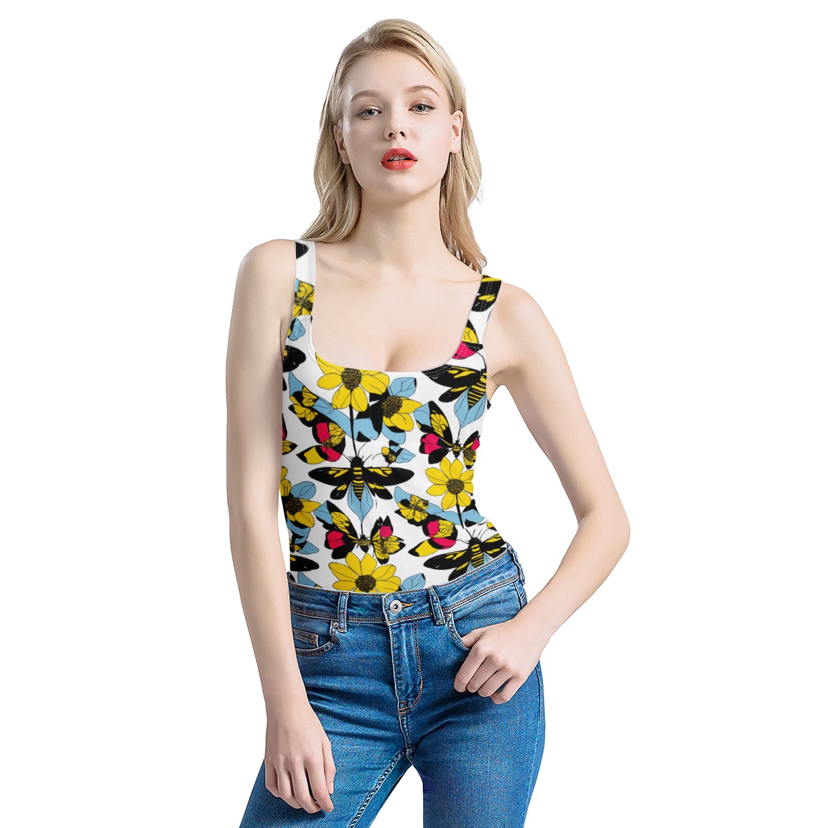 Luxtrini Bees and Sunflowers Women's One-Piece Halterneck Swimsuit