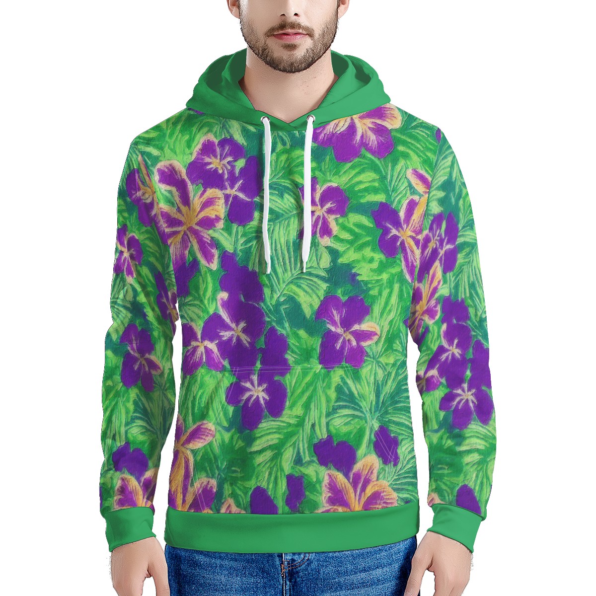 Blue Flag Iris on Green Men's All Over Print Hoodie - Luxtrini, LLC