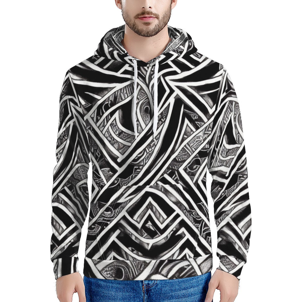 Black and White Polynesian Men's All Over Print Hoodie