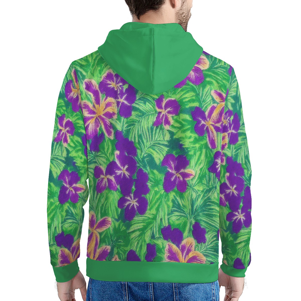 Blue Flag Iris on Green Men's All Over Print Hoodie - Luxtrini, LLC