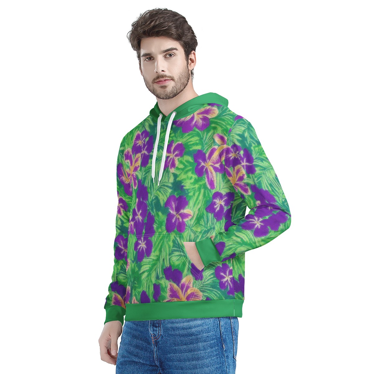 Blue Flag Iris on Green Men's All Over Print Hoodie - Luxtrini, LLC